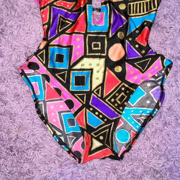10 VTG La Blanca Funky Geometric Print Neon Gold High Cut One Piece Swimsuit - Picture 7 of 12